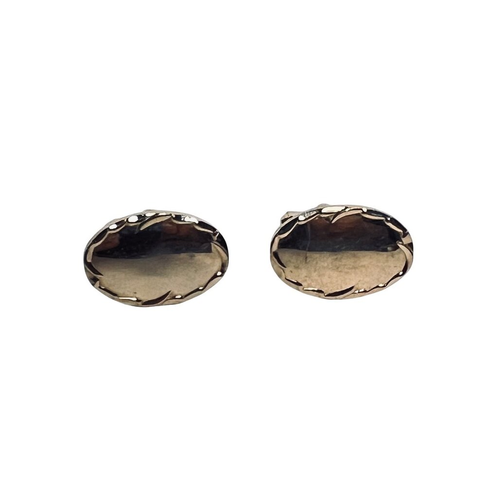 Gold Tone Oval Cufflinks And Tie Bar Set W/ Elegant Etched Border Design (1983) - Picture 2 of 4